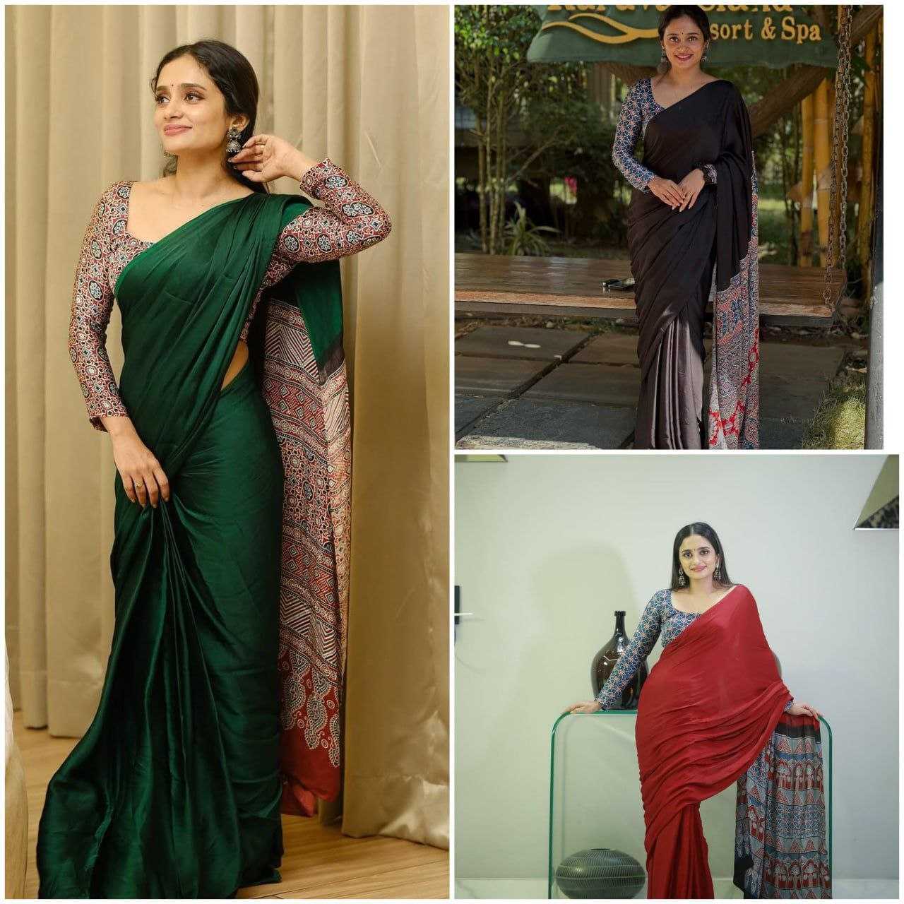 Satin  Ajrakh Satin Sarees